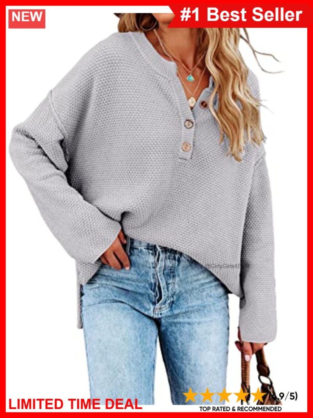 Oversized V Neck Knit Pullover Sweater Button Long Sleeve Batwing